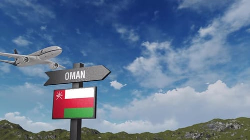 Oman Flag With Airplane And Arrow Sign