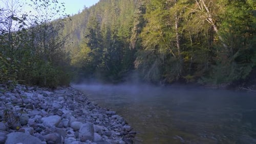 Freshwater River Stream During Misty Early Morning. Wide Shot