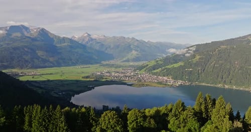 Aerial View Of Calm Lake And Scenic Town