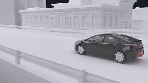 Electric cars with HUD-elements drive along the road and scan the road environment with sensors