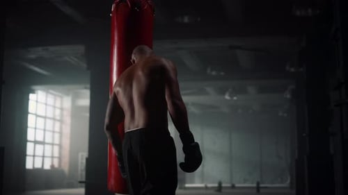 Professional Boxer Training in Sport Club. Powerful Man Kicking Punch Bag At