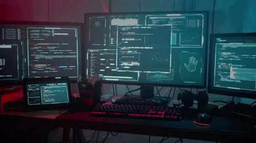 Dark Room with Computers Monitors and Office Furniture