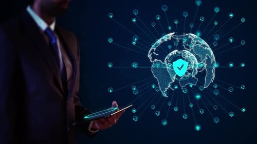 Businessman Virtual Display HUd Hologram Digital Cybersecurity Protection Encrypted Cybersecurity