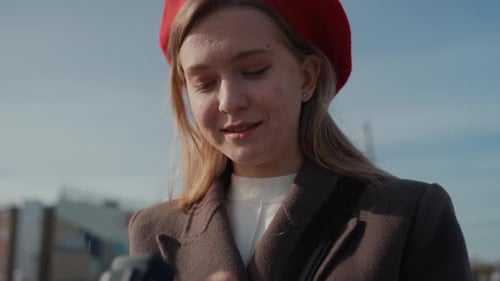 Woman with Vintage Attire Smile Elegant Woman in Red Beret in Park Urban Setting Capturing Woman in