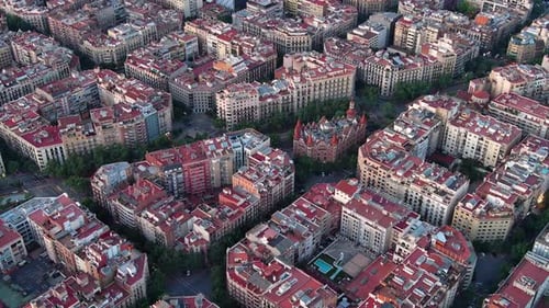 Aerial view of typical buildings of Barcelona cityscape. Eixample residential famous urban grid
