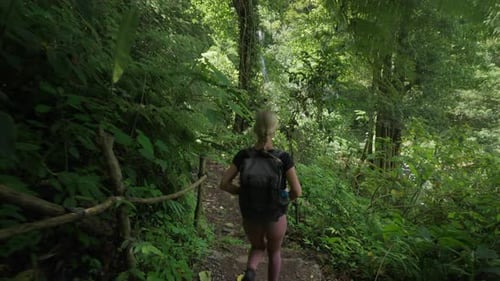 Female backpacker hike on remote dirt trail through lush green jungle