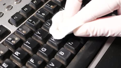 Static tripod clip of a man with a glove cleaning keyboard at office / home to disinfect the keyboar