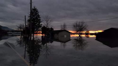 Flooded Homes and Trees Reflected at Sunrise
