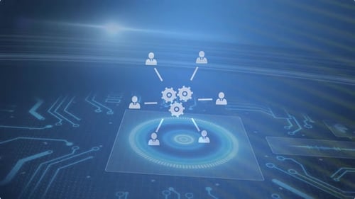 Animation of network of digital icons over computer circuit board