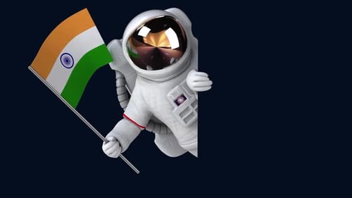 Cartoon Astronaut Holding Indian Flag Peeking From Side
