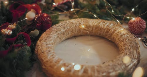 Close Up Of Christmas Wreath Decorated For Christmas Holidays