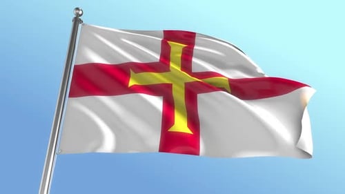 Realistic Waving Guernsey Flag Animation on Clear Blue Sky Background