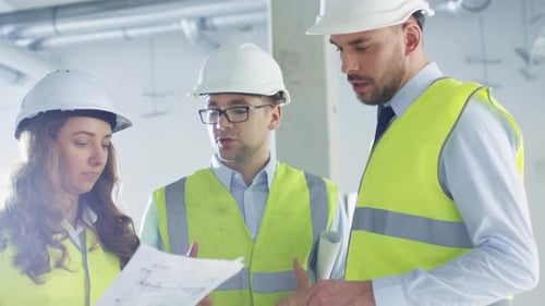Team of Engineers in Hard Hats Having Conversation, Looking at Blueprint, inside Building Under Con