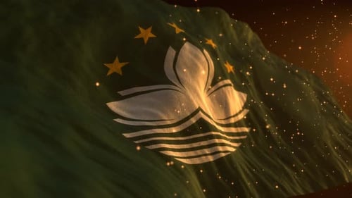 Waving Macau Flag Animated with Glowing Golden Particles
