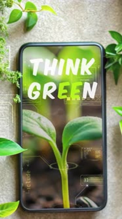 Smartphone Showing Think Green Slogan Surrounded By Lush Foliage
