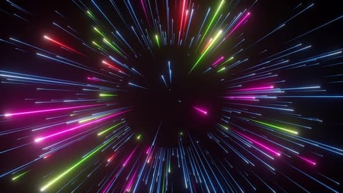 3d animation, abstract colorful background of bright neon stars and glowing lines.