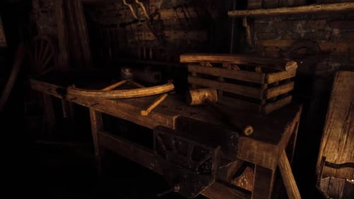 Rustic Workshop with Wooden Tools and Crates in Dim Light