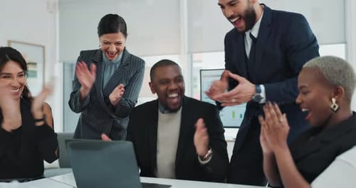 Business people, laptop and excited with applause in meeting for company growth