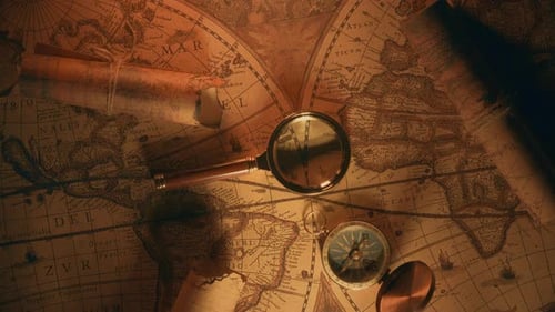 Vintage World Map with Compass and Magnifying Glass
