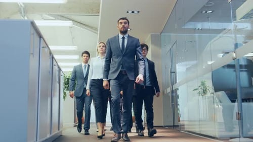 Diverse Team of Delegates/ Lawyers Resolutely Marching Through the Corporate Building Hallway. Mult