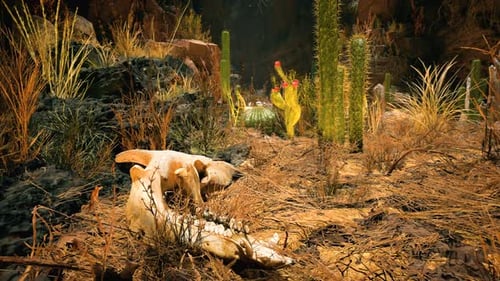 An animal skull rests in dry grass within a rocky, desert-like terrain