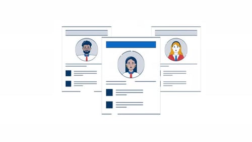Job resume paper sheets with diverse candidates profiles 2D object doodle animation
