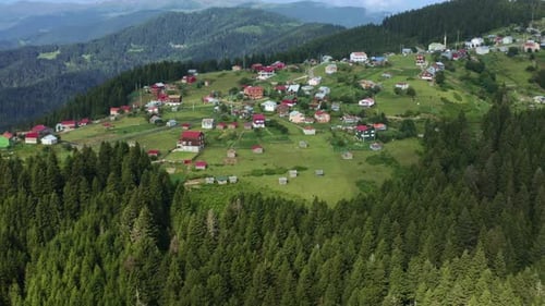Aerial view of the small village along in the middle of a green mountain valley on a sunny summer da