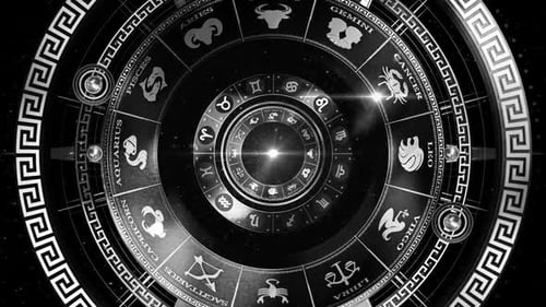 Elegant Rotating Zodiac Wheel Animation with Greek Key Pattern