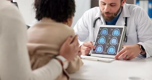 Brain scan, tablet and doctor with child for consulting, explain diagnosis or neurology treatment