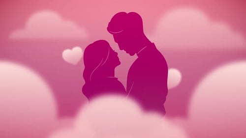 Romantic Minimalist Couple Silhouette with Floating Heart Clouds