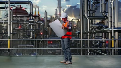 Ganzkörper-Seitenansicht eines asiatischen männlichen Ingenieurs, der in einer Raffinerie einen Bauplan in seinen Händen betrachtet