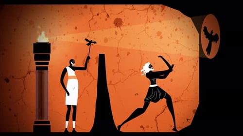 allégorie de la grotte de Platon avec un homme regardant les ombres dans le style d'un vase grec orange
