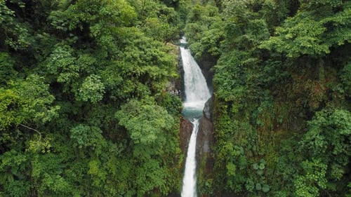 Waterfall flowing into turquoise pools surrounded by lush green rainforest
