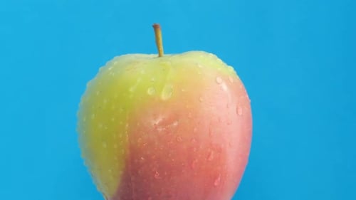Fresh Red Green Apple on Blue Background Water Drops A Rotating Apple Closeup