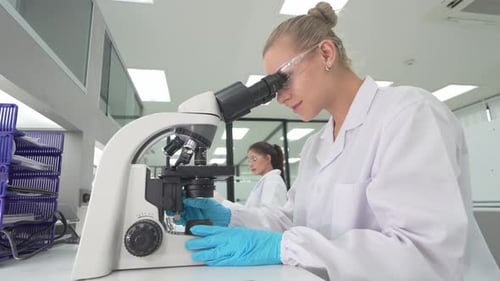 Scientist Using Microscope in Modern Research Laboratory