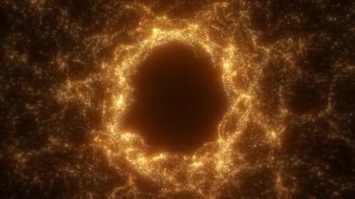 Golden particle energy portal radiating light in a circular shape with scattered glowing dust
