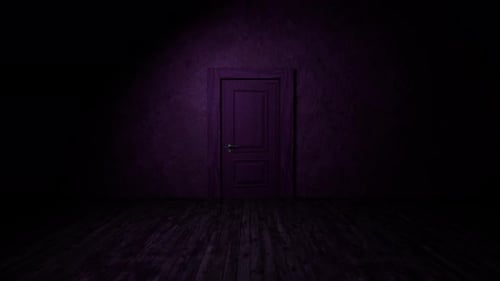 Neon lights emerging from an open door in dark room