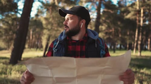 Man Reading Map in Sunny Green Forest