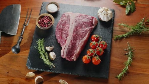 Steak en T cru aux herbes et à l'ail.