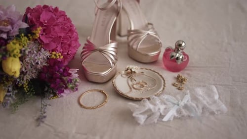 Wedding Details with Gold High Heels and Bouquet