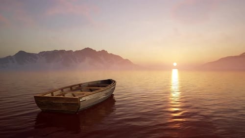 Peaceful Sunset Lake with Empty Wooden Boat