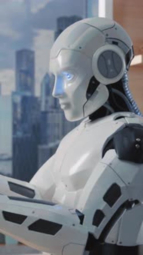 Robot futurista representado en un entorno urbano complejo que muestra técnicas arquitectónicas avanzadas