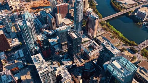 Flying high over the urban landscape of downtown Houston, Texas, USA.