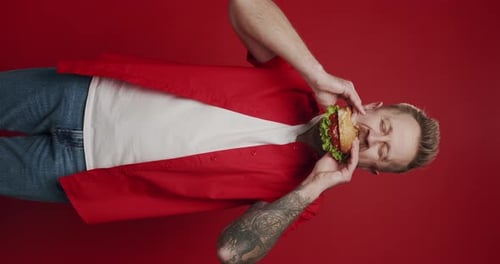 American Style Man Eat Unhealthy Meal Getting Satisfaction From Unhealthy Food