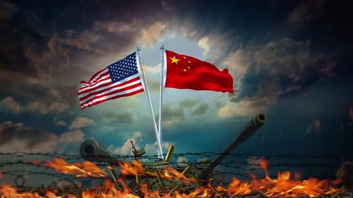 United States And China Flags Waving Over Military Conflict Scene