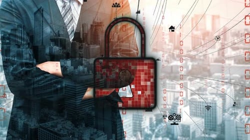 Businessman with Digital Lock Symbol Representing cyber security and Data Protection in Modern Urban