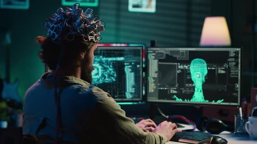 Engineer with EEG Headset on Merging with Artificial Intelligence