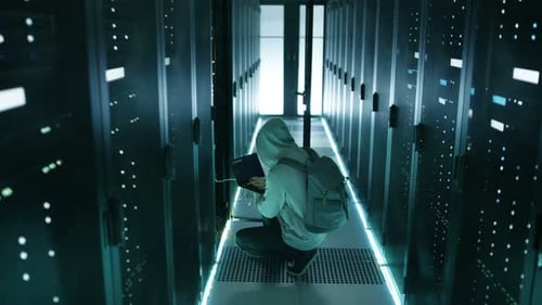 Hacker With Notebook Breaking into Corporate Data Center and Connecting to It's Server.