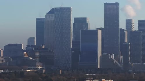 Aerial Panoramic View of Canary Wharf Financial Hub in London UK