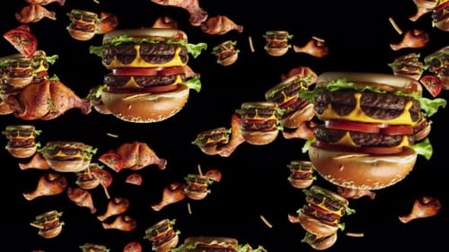Lots Of Beef Burger Falling On Dark Black Background. Slow Motion Of Beef Burger Falling Animation